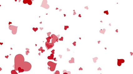 explosion of red hearts on a white background, scatter in different directions