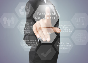 Businesswoman showing presentation benefits of GMP & HACCP concept for used in training.
