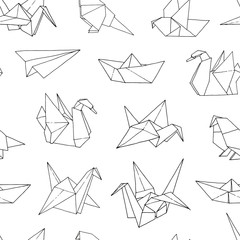 Origami birds shapes vector seamless pattern, hand drawn folder paper japan art color animals background: crane, swan, dove, parrot
