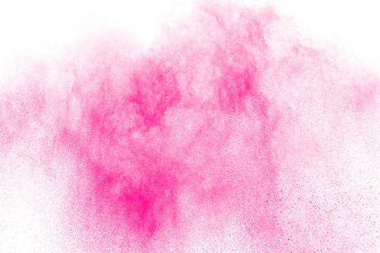 Pink Powder Explosion On White Background.Pink Dust Splash Cloud On Background.