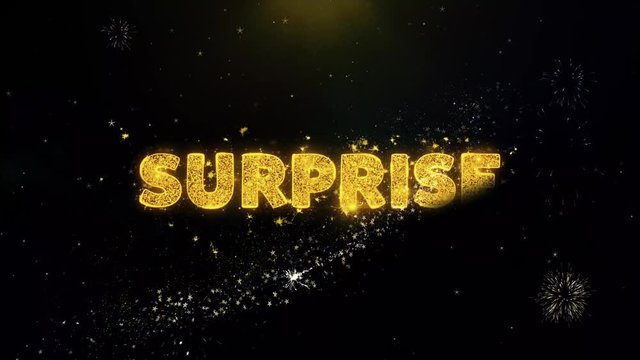 Surprise Text on Gold Glitter Particles Spark Exploding Fireworks Display. Sale, Discount Price, Off Deals, Offer Promotion Offer Percent Discount ads 4K Loop Animation.
