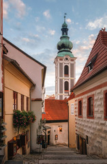 Fototapeta premium Amazing romantic street of Cesky Krumlov at the morning light, Czechia
