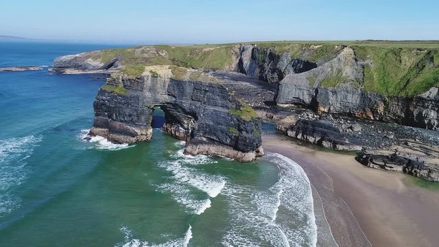 Ballybunion Beach coastline, panning aerial
