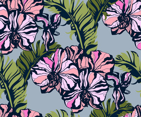 Seamless floral pattern with orchids and ornamental hand drawing decorative background. Ethnic seamless pattern ornament. Vector pattern. Print for textile, cloth, wallpaper, scrapbooking