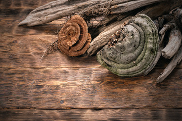 Old dried wood branches on brown wooden board background with copy space.
