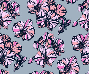 Seamless floral pattern with orchids and ornamental hand drawing decorative background. Ethnic seamless pattern ornament. Vector pattern. Print for textile, cloth, wallpaper, scrapbooking