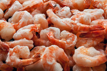 Pile of frozen king prawns.