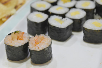 Rolls Sushi on plastic plate background.