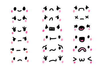 Set of different emotions in kawaii cartoon comic style black pink face