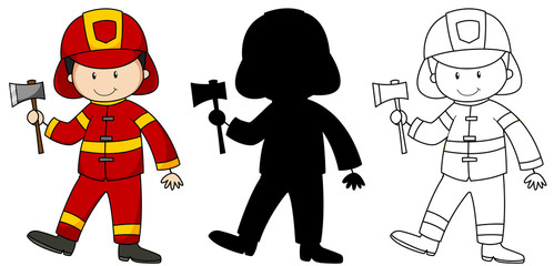 A set of characters in color, silhouette and outline