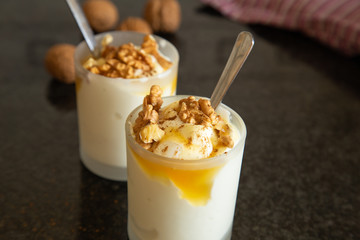 delicious greek yogurt with bio honey cinnamon powder and chopped nuts