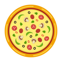 Italian pizza with tomato, sausage, olive and mushrooms. Isolated On White. Vector illustration