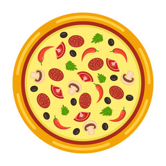 Italian pizza with tomato, sausage, olive and mushrooms. Isolated On White. Vector illustration