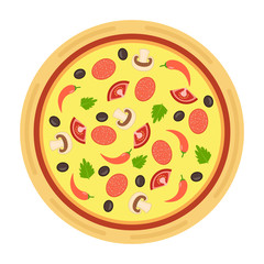 Italian pizza with tomato, sausage, olive and mushrooms. Isolated On White. Vector illustration