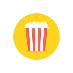 Popcorn popping. Red yellow strip box. Cinema movie night icon. Vector illustration.