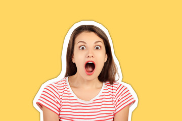 Surprised happy woman looking at the camera. emotional girl Magazine collage style with trendy color