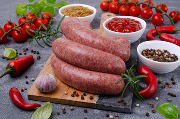 Raw sausage in a shell of intestines