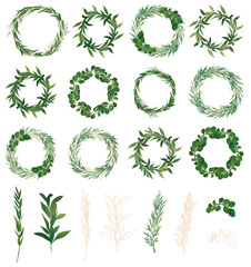 Hand drawn big set of greenery on isolated background. Sketch of green and rose golden herbs, wreaths, twigs and leaves in aquarelle style. Free hand vector watercolor.