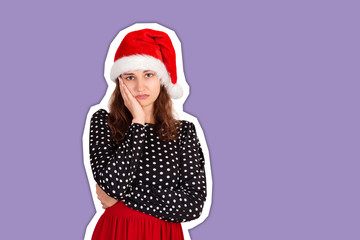 gloomy anxious good-looking woman in dress, frowning and being sad, having troubled. Magazine collage style with trendy color background. holiday concept