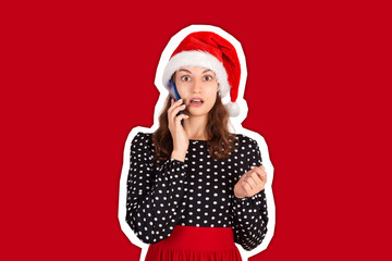 Portrait of a confused cute girl in dress talk at mobile phone. Magazine collage style with trendy color background. holiday concept