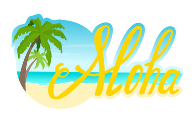 Handwritten text Aloha against the sea coast background. 