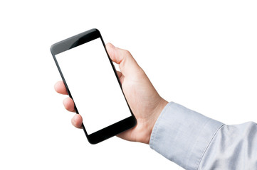 Business man in blue shirt hold blank screen smartphone on white background
