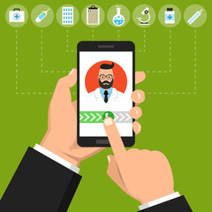 Hand holding smartphone with male doctor on call and an online consultation. Medical icons set. Vector flat illustration.
