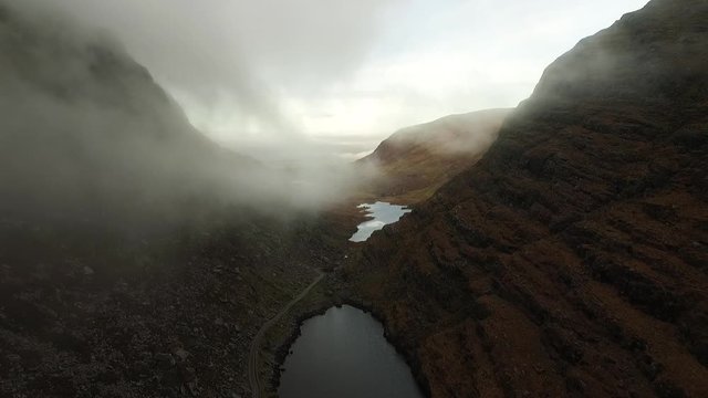 Aerial, misty Gap of Dunloe landscape