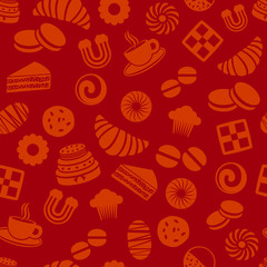 pattern vettoriale a tema pasticceria con fondo rosso