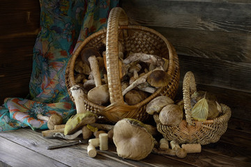 Forest mushrooms in a wicker basket.