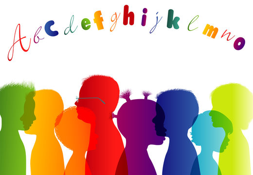 Multi-ethnic children. Colorful kindergarten. Childhood. Group different children profile rainbow colors isolated silhouette. Community of multiracial children. Friendship learning cultural education
