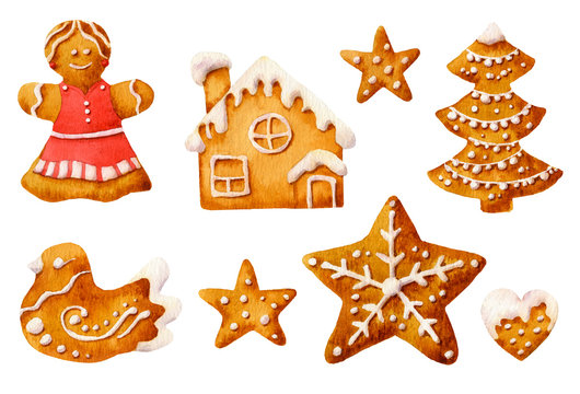 Set of gingerbread cookies with sugar icing hand drawn in watercolor isolated on a white background.