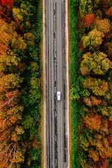 Aerial view of road and a car in autumn forest with red, yellow and orange leaves.