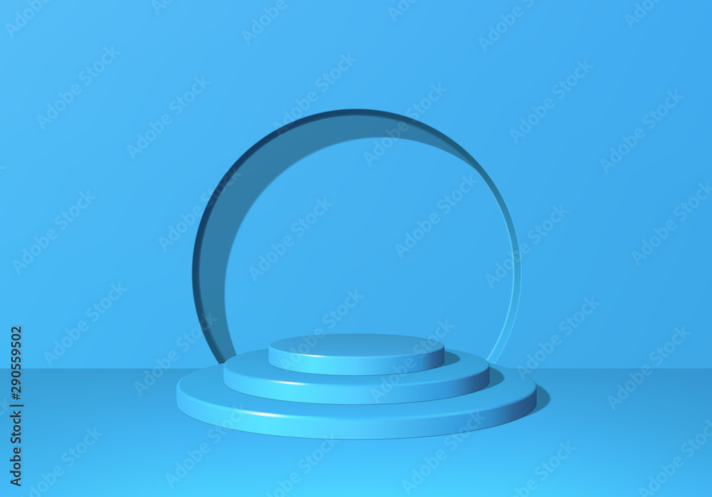 Poster 3d pedestal or podium with round steps on stage and minimalistic blue background