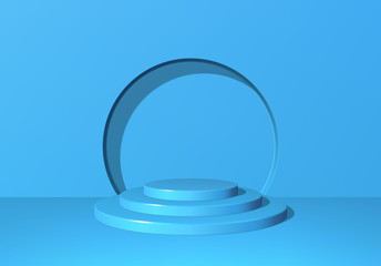 3d pedestal or podium with round steps on stage and minimalistic blue background
