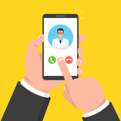 Hand holding smartphone with male doctor on call and an online consultation. Vector illustration.