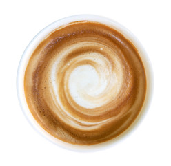 Hot latte cappuccino coffee spiral foam top view isolated on white background, clipping path included