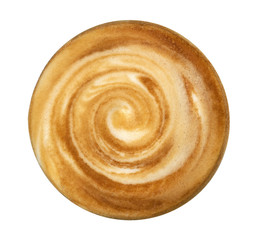 Hot latte cappuccino coffee spiral foam top view isolated on white background, clipping path included