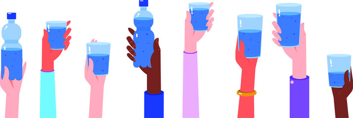 People of different nationalities holding glasses and bottles of clean water, who is thirsty? clean water for everyone, drinking water, potable water