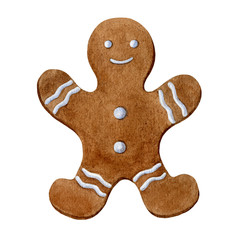 Gingerbread man watercolor illustration. Traditional Christmas tasty treat and delicious dessert a part of a big xmas winter celebration. Isolated on white background.