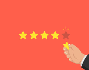 Hand pointing at one of five stars. Rating, evaluation, success, feedback, review, quality and management concept. Vector illustration.