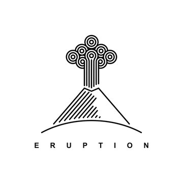 Mountain logo with linear style.Nature disaster eruption with smoke and clouds in the sky