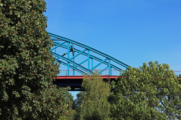 Trees in front of a bridge at perfect summer weather