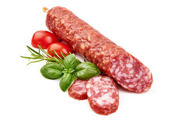 Italian smoked sausage. Dried sausage, isolated on white background