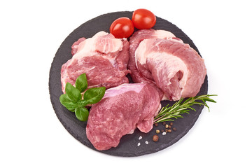 Raw pork meat, ingredients for goulash or kebab, isolated on white background