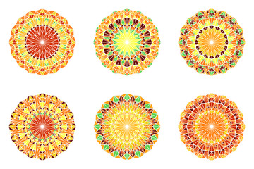 Abstract colorful ornate mandala set - circular polygonal ornamental vector illustrations from mosaic triangles