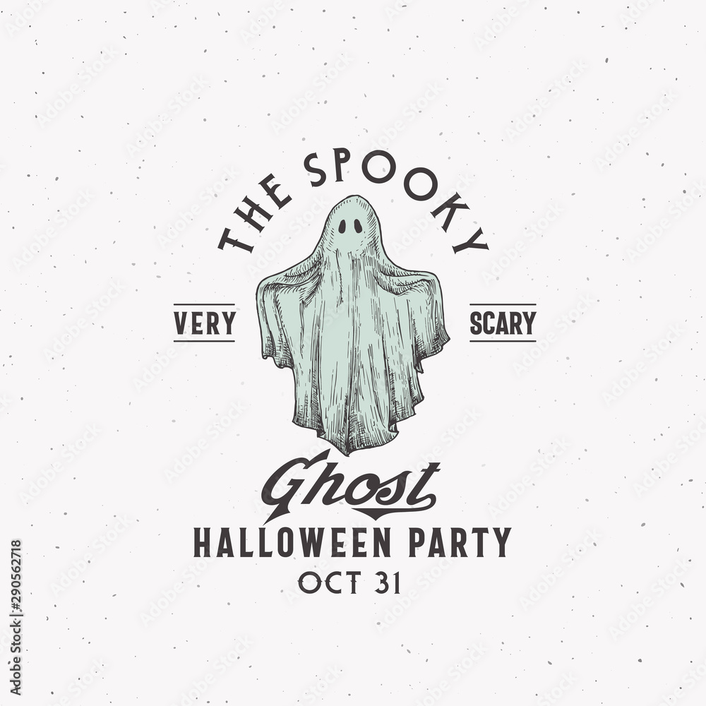 Wall mural spooky ghost party halloween logo or label template. hand drawn colorful ghost sketch symbol with re