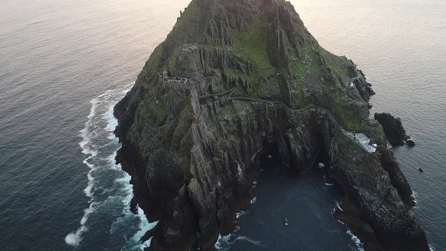 Skellig Michael at sunset, high angle aerial