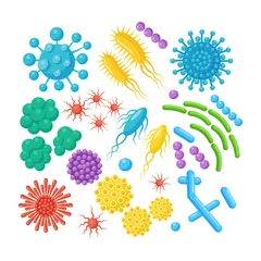 Tuinposter Set of bacteria, microbes, virus, germs. Disease-causing object isolated on background. Bacterial microorganisms, probiotic cells. Vector cartoon design. © buravleva_stock