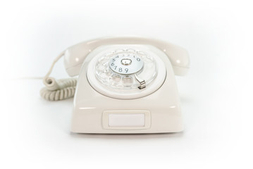 White analog old fashion phone isolated on white background with copy space